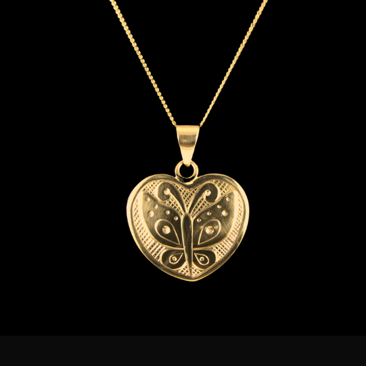 Butterfly Design  Hand Engraved 7/8” Gold 14k Heart Pendant - SOLD