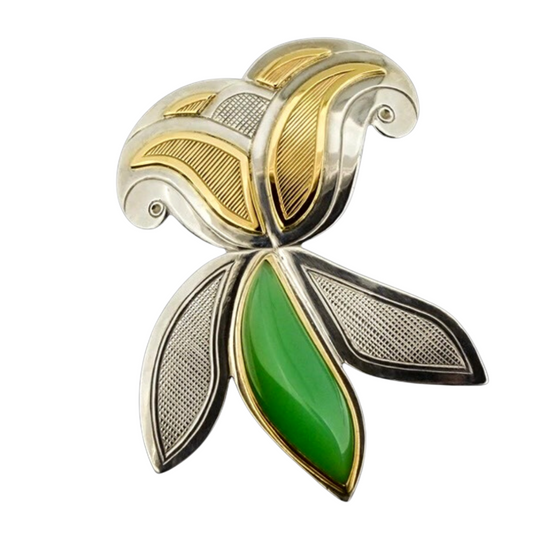 "Floral"  Hand Engraved Silver Brooch 14k Gold + Chrysoprase