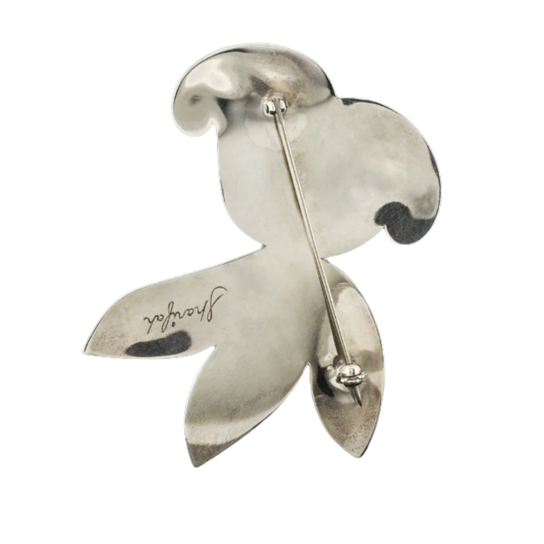 "Floral" Hand Engraved Silver Brooch 14k Gold + Chrysoprase