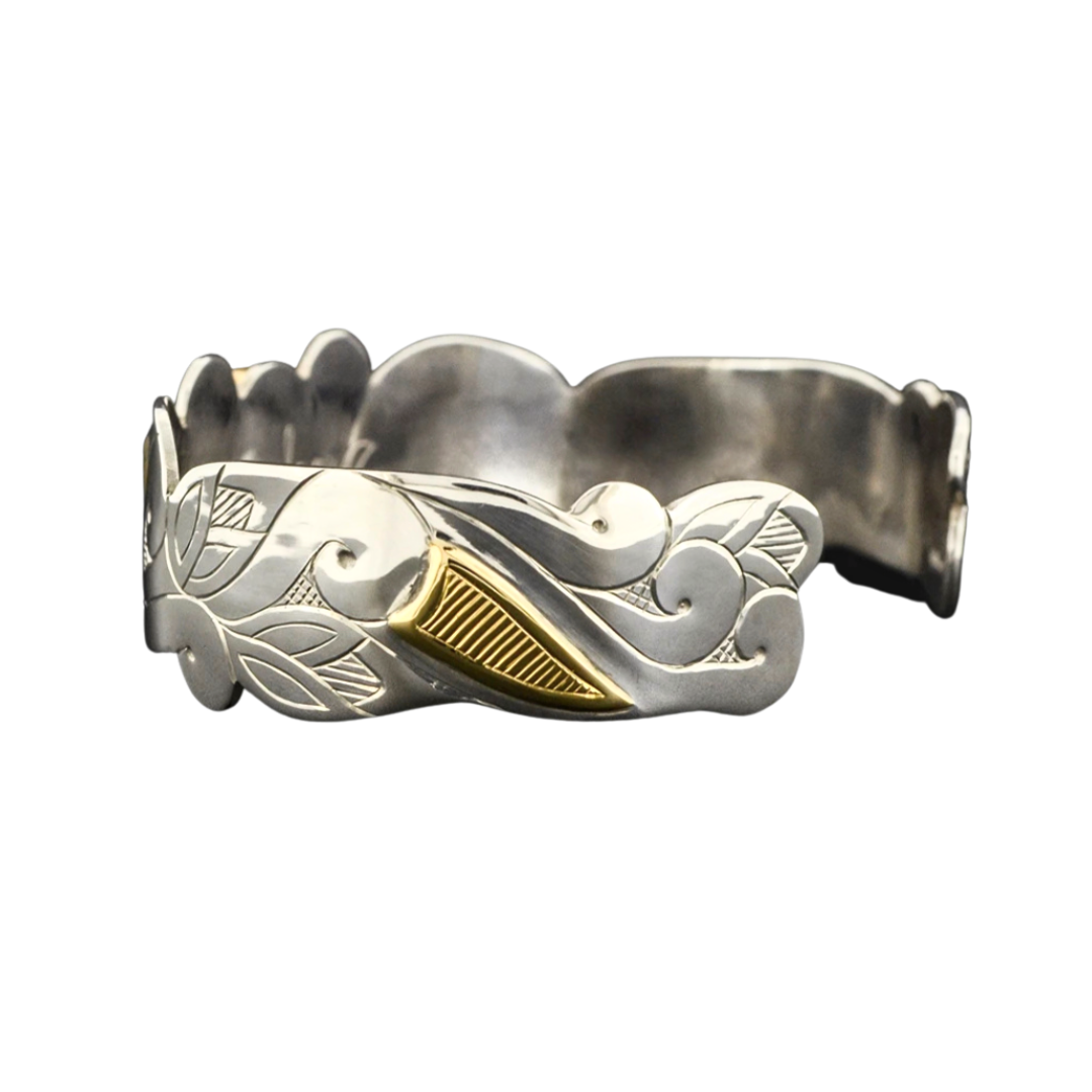 Floral Design Hand Engraved Silver Bracelet with 14k Gold Overlay - SOLD