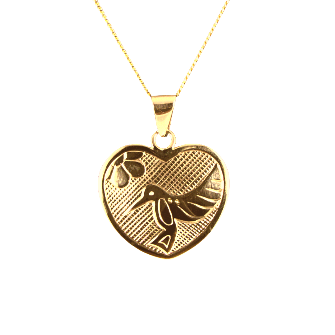 "Hummingbird" Hand Engraved 14k Gold Heart Necklace