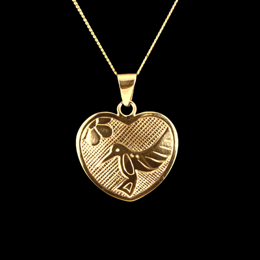 "Hummingbird"  Hand Engraved 14k Gold Heart Necklace